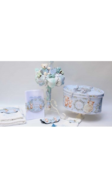 Trusou de botez cu eucalipt si ursuleti pe fundal bleu mint Little Blue Bear 11